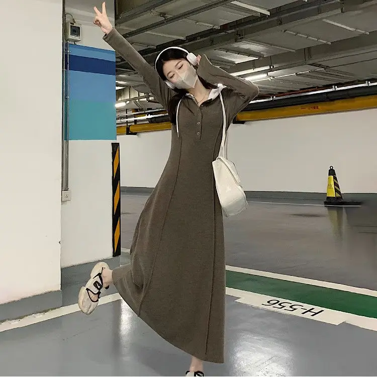 

Inner one piece dress 2023 autumn and winter Korea large size slim fit buttons long sleeve dress hooded paneling hoodie dresses