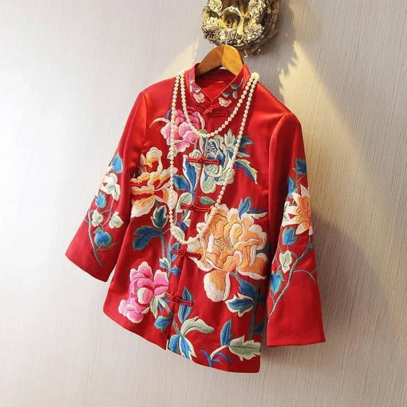 Chinese Style Tang Suit Jacket Spring and Summer National Style Embroidered Peony Short Cheongsam Blouse Female