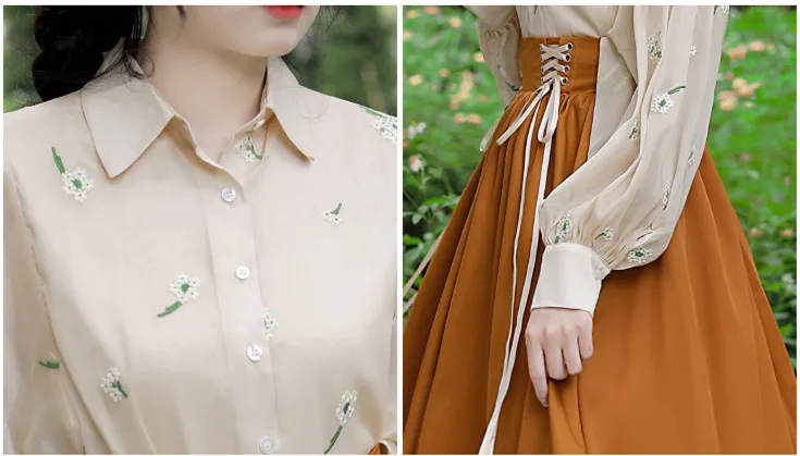 Casa de campo do vintage mulher outfits moderno retro lapela bordado mangas  compridas camisa & cintura alta midi saia terno senhoras 2 peça conjuntos -  AliExpress