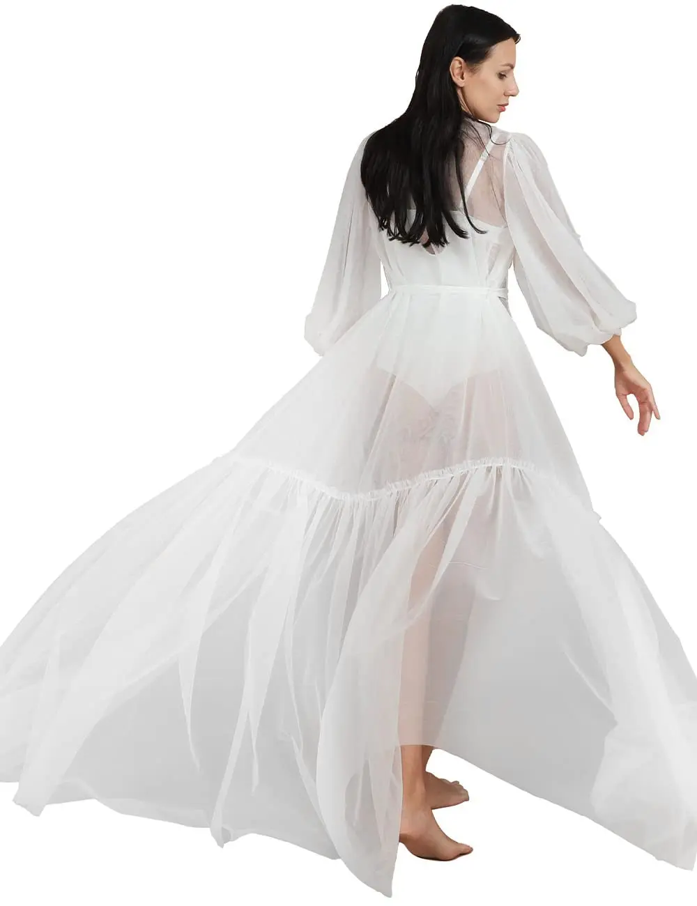 Women's Lace Long Robe Bridal Nightgown Sexy Sheer Boudoir Nightwear Long Sleeve Ladies Maxi Tulle Dress