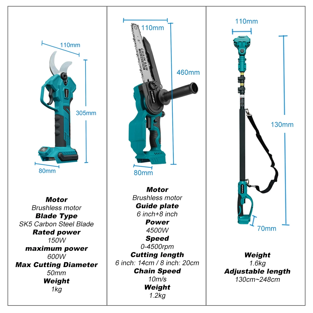 Kamolee Brushless Cordless Electric scissors,6+8 inch Electric high branch saw,with 2.5-meter extension and telescopic rod 3