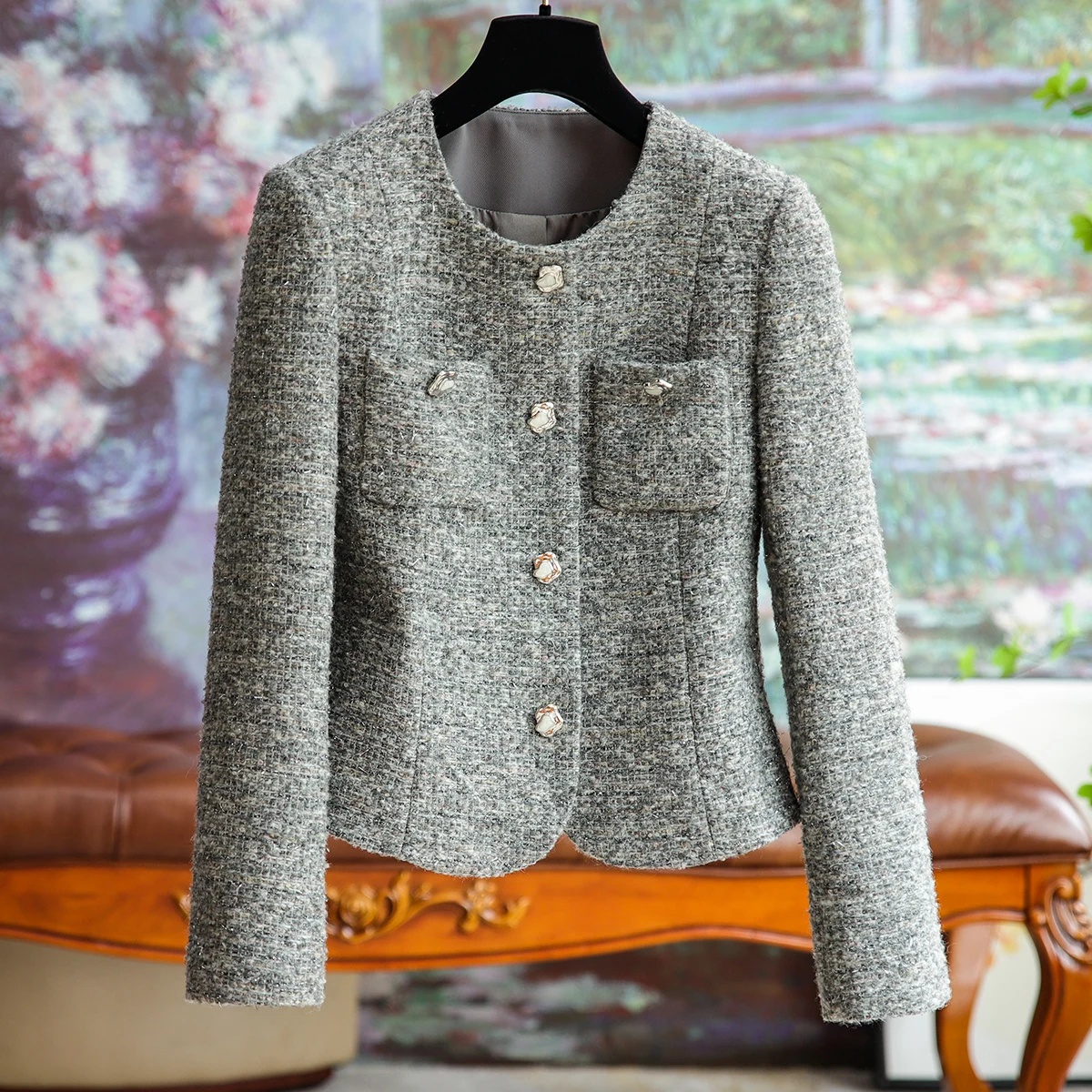 

The Same Women's Jacket Light Luxury 2023 New Slim Bright Silk Small Perfume Foreign-style Jacket Female Elegant Casual Blouse