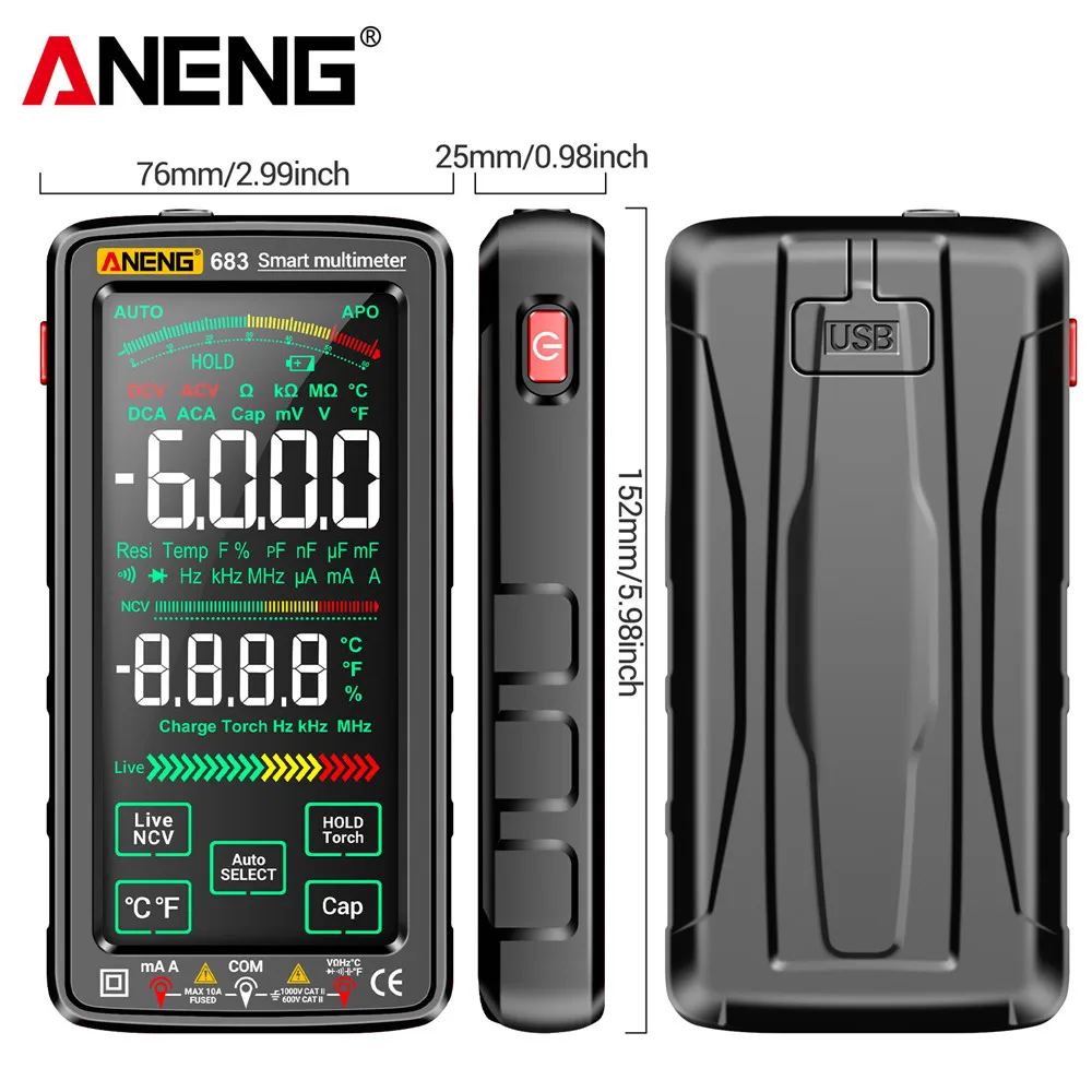 ANENG 683 Smart Multimeter Digital 6000 Counts LCD Screen AC/DC Ammeter Voltage Tester Rechargeable Ohm Diode Tester Tools