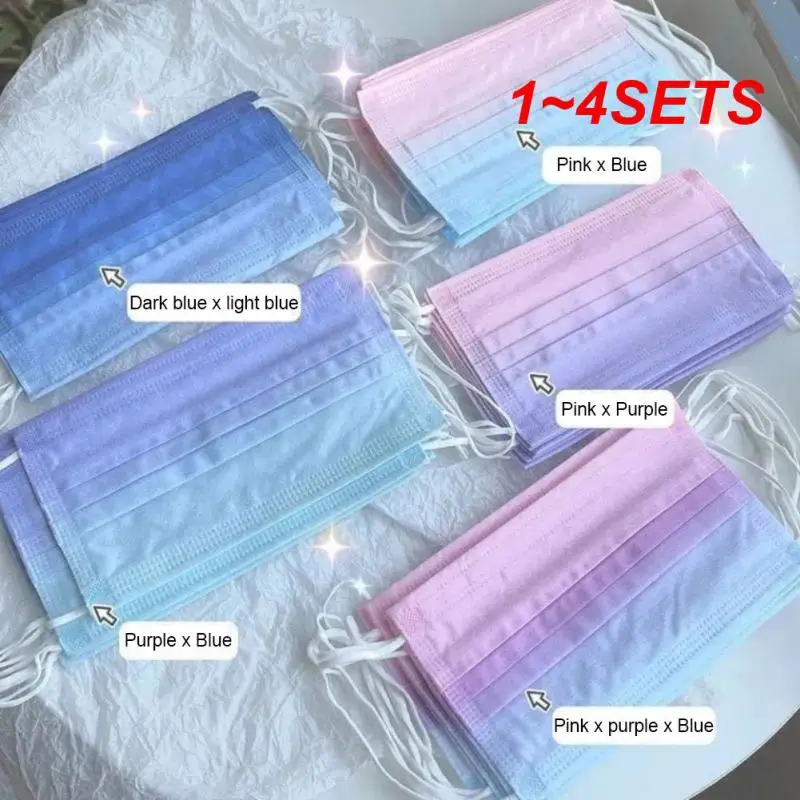 1~4SETS Disposable Adult Face Mask Gradient Color Cartoon 3 Floors Breathable Dustproof Printing