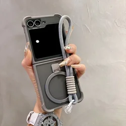 Magnetic Airbag Protection Matte Case with Magsafe Bracket, Wristband, and Lanyard Attachment - Galaxy Z Flip 8 (Gray GS)