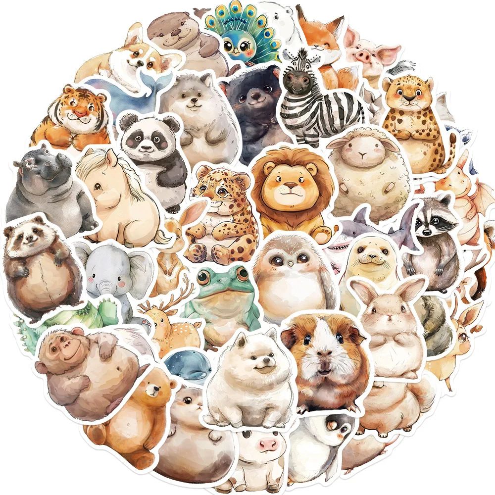 50PCS Kawaii 수채화 지방 동물 스티커 선물 DIY 어린이 노트북 수하물 오토바이 노트북 냉장고 데칼