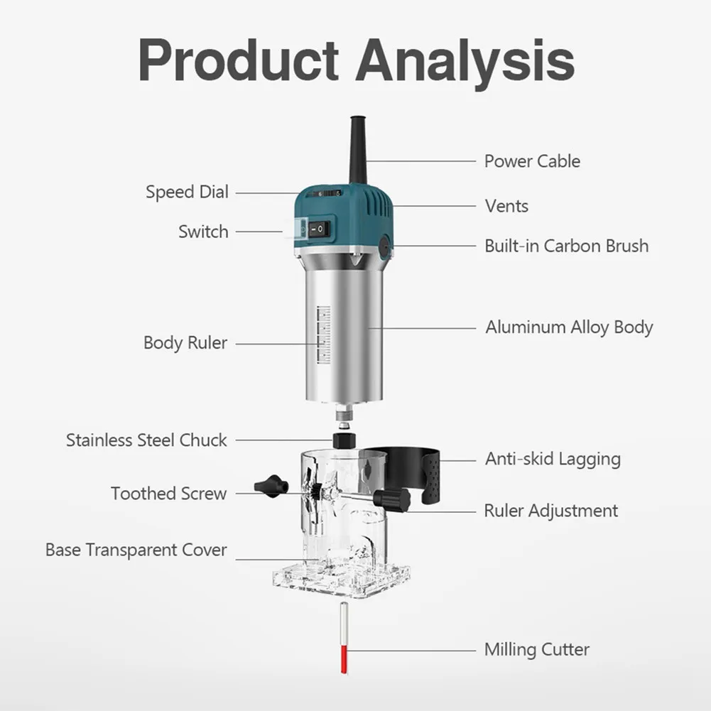 800W Electric Trimmer Wood Router Machine 1/4'' Milling Woodworking Laminate Engraving Slotting Cutting Carpentry Manual Tool wood router