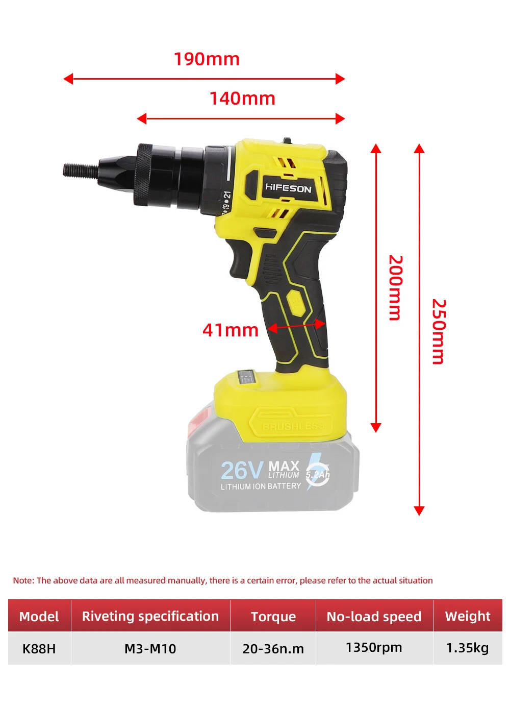 HIFESON Powerful Brushless Electric Rivet Nut Gun Nut Riveter Rivet Tool No Battery M3M4M5M6 For 18V/21V/26V Makita Battery