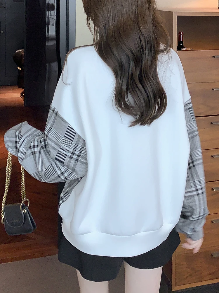 Women Thick Fleece Sweatshirts Loose Casual Patchwork Plaid White Pullovers O-Neck Long Sleeve Full Winter Hoodie Jumper Female