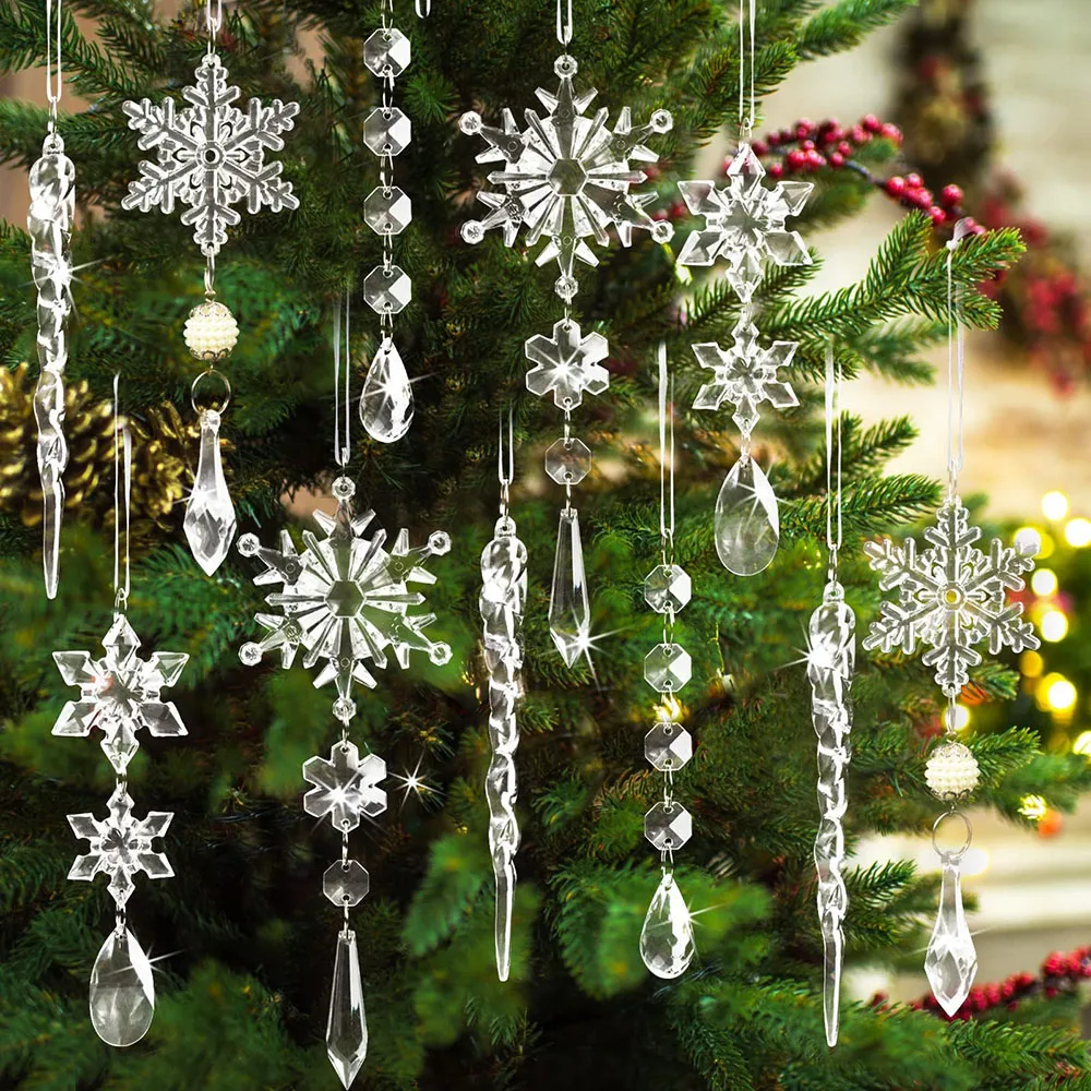 Crystal Christmas Ornaments Hanging Acrylic Christmas Snowflake Icicle Drop Crystal Ornaments Tree Decorations Set 10/12/18PCs