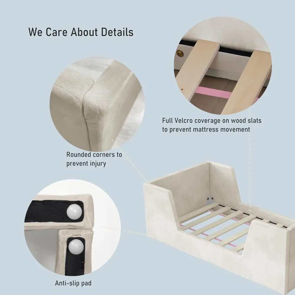 Toddler Bed, Toddler Floor Bed Frame with Guard Rails, Kids Bed for Ages 2-6 Years, Small Bed for Kids Girls and Boys 6