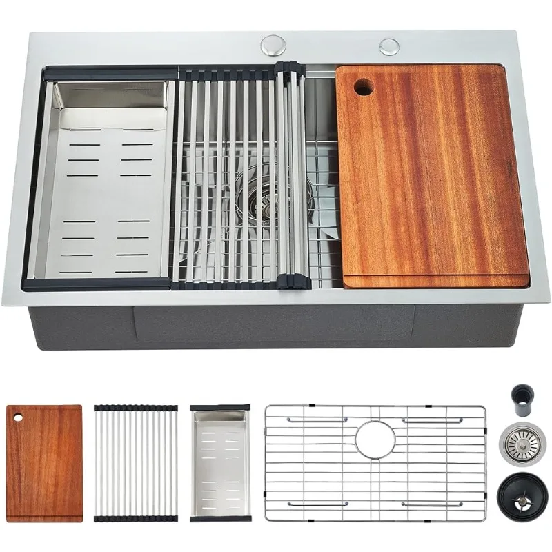 

Kitchen Sink,33 x 22 Drop in Kitchen Sink 16 Gauge Stainless Steel Kitchen Sinks Single Bowl Workstation Sink with Cutting Board