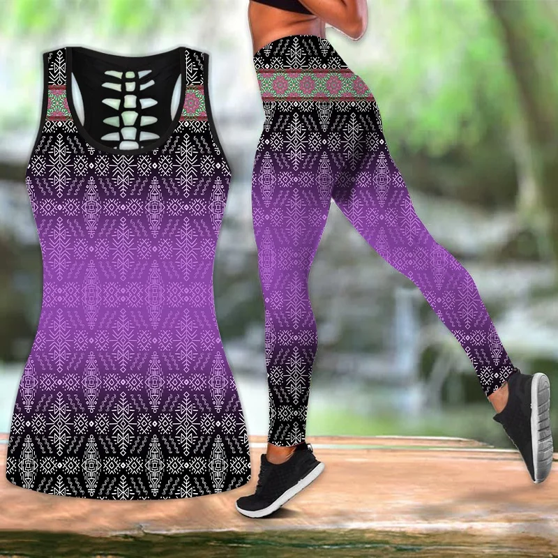 

3D Geometry Printed Hollow Tank Top Workout Yoga Leggings Pants Fitness Sports Gym Running Yoga Set