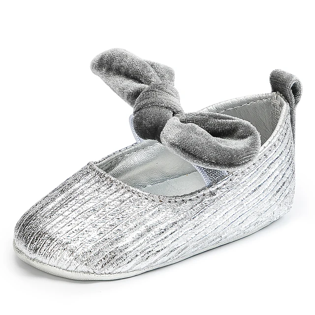 Newborn Baby Shoes Baby Boy Girl Shoes Girl Classic Bowknot Rubber Sole Anti-slip PU Dress Shoes First Walker Toddler Crib Shoes Silver5