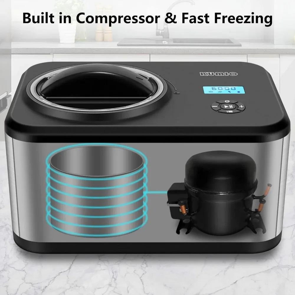 1.6-Quart Ice Cream Maker with Compressor, No Pre-Freezing, 4 Modes Machine with LCD Display, Timer, Automatic Yogurt Machine