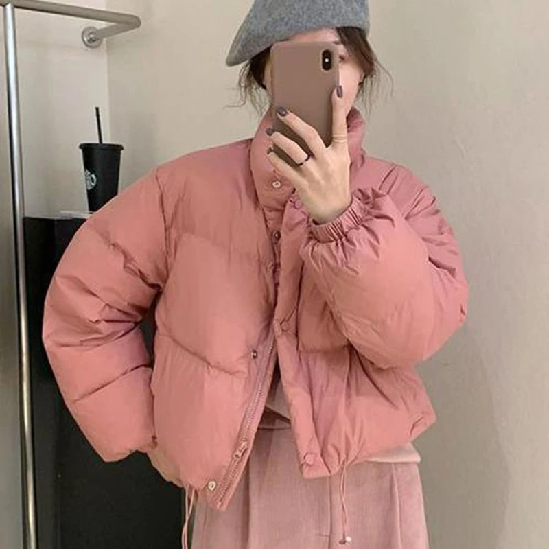 

Rimocy 2023 Women's Pink Cropped Parka Winter Warm Stand Collar Puffy Jacket Women Korean Style Long Sleeve Cotton Padded Coat