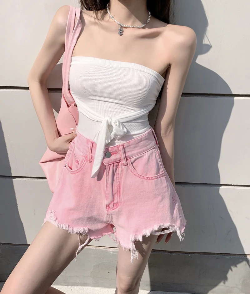 Basic Summer Denim Shorts Women 2021 Korean Style Casual High Waist Cuffed Tassels Ripped Holes Pink Jeans Shorts Female Bottoms workout shorts