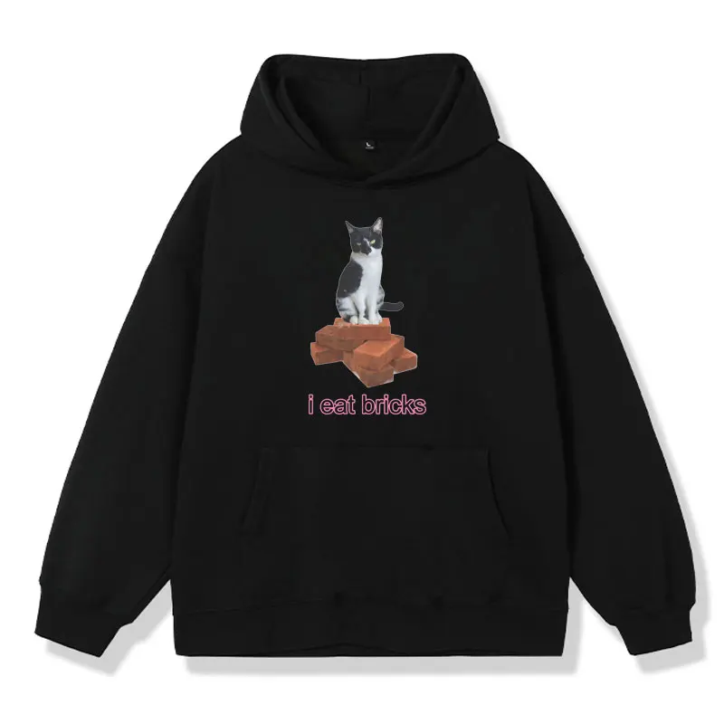 I Eat Bricks Cute Cat Funny Meme Graphic Hoodie Male Fashion Casual Sweatshirt Men Women Clothing Streetwear Oversized Pullover