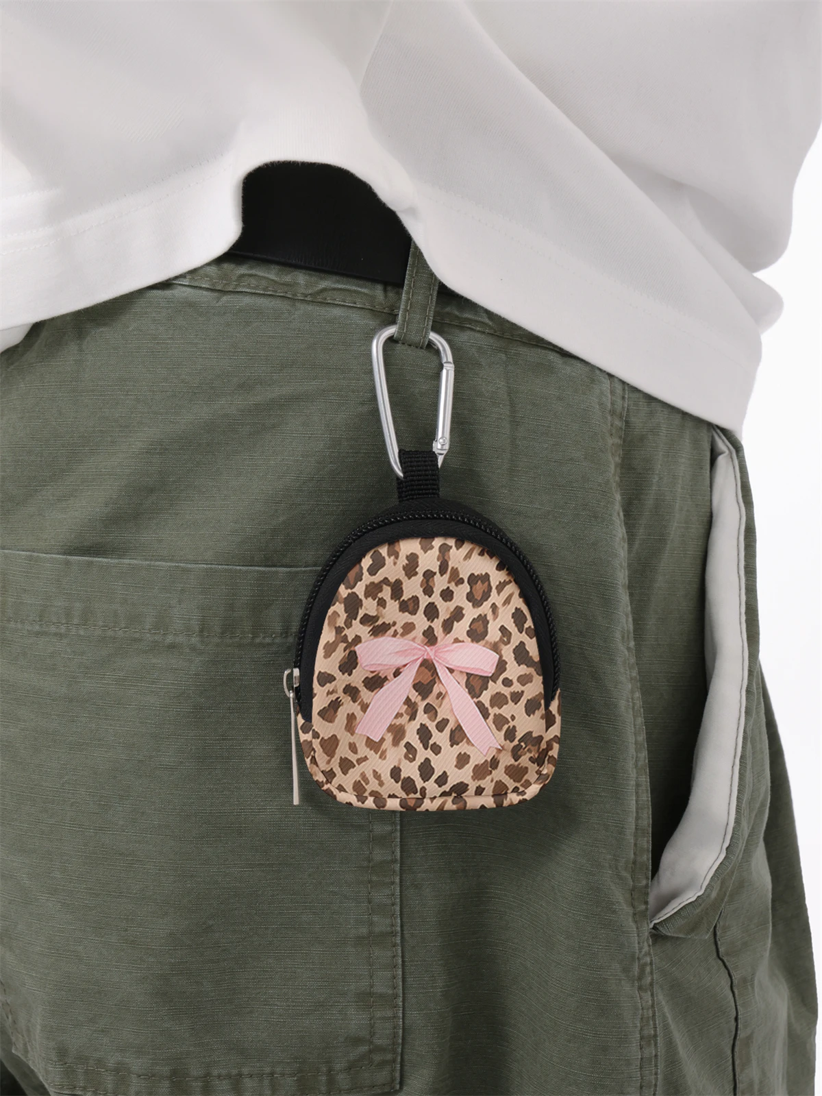 Bow leopard print mini wallet, zipper change bag with hook clip, headphone key bag, suitable for both men and women