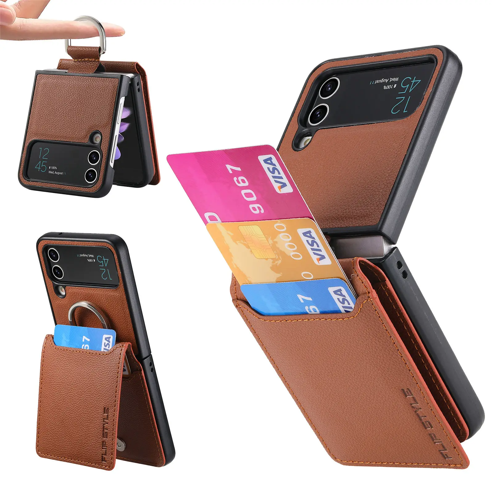 

Leather Portable Ring Holder Wallet Case for Samsung Galaxy Z Flip 4 5G Flip5 Flip4 Flip3 Flip 3 5 Zflip4 Card Slot Phone Bag