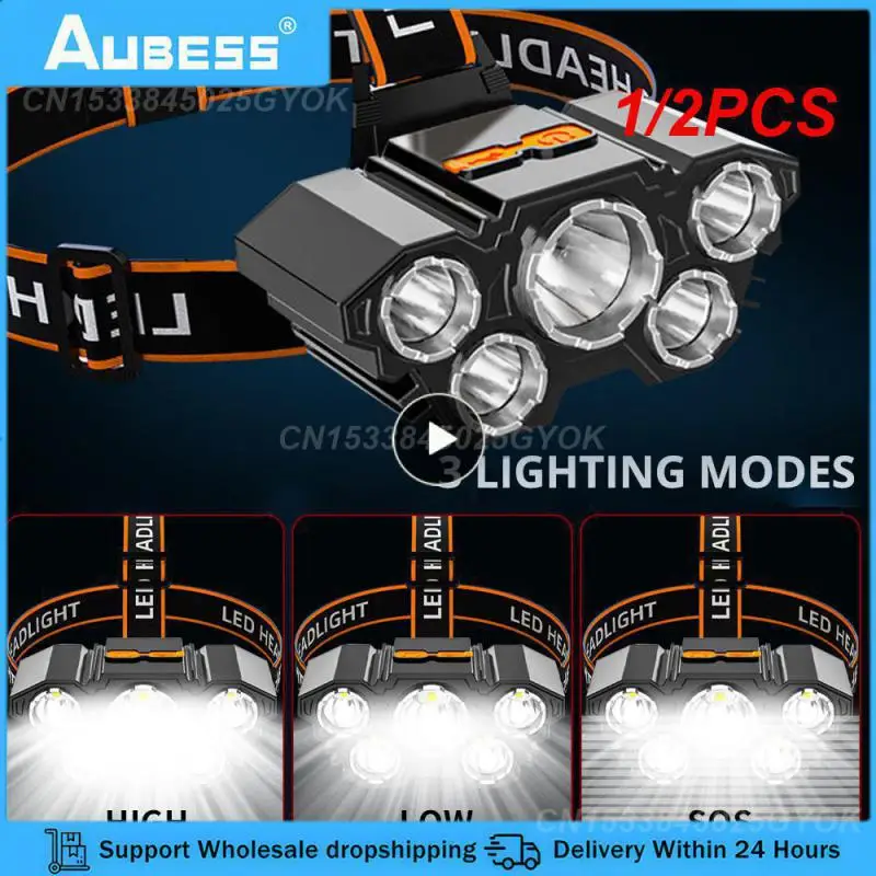 

1/2PCS High Power 5LED Headlamp Usb Rechargeable Head Flashlight 18650 Built-in battery Super Bright Headlight For Camping