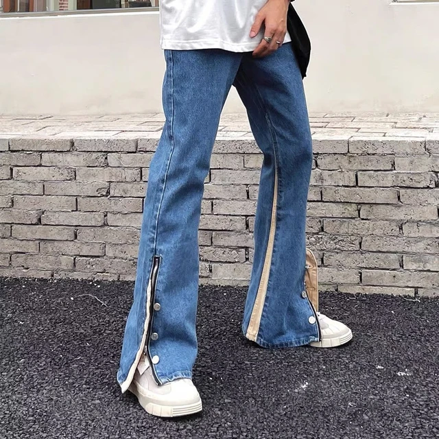 Calça jeans reta masculina e feminina, com zíper de tornozelo, calça azul,  calça jeans flare elegante