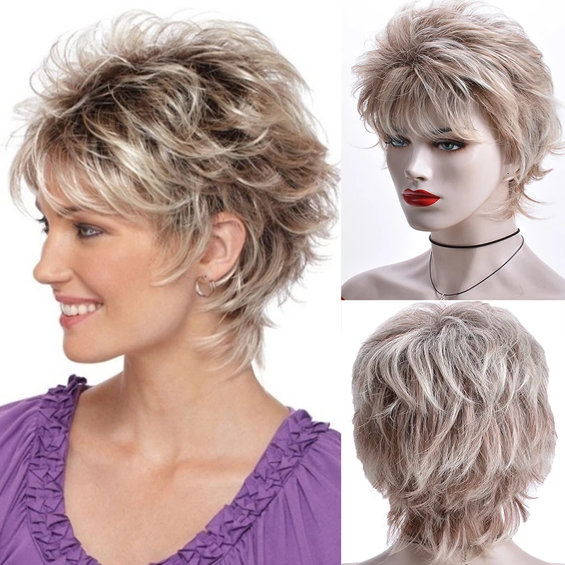 

Women's Fashion Short Curly Synthetic Wigs with Bangs Blonde Ombre Hair Pixie Cut Mommy Daily Soft Heat Resistant Party Wig