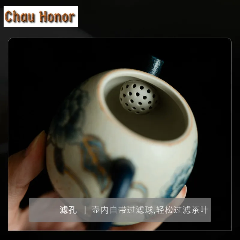 160ml Blue And White Flint Red Teapot Handmade Gold Drawing Peony Flower Pot Tea Maker Egg Shape Kettle Chinese Tea Set Ornament