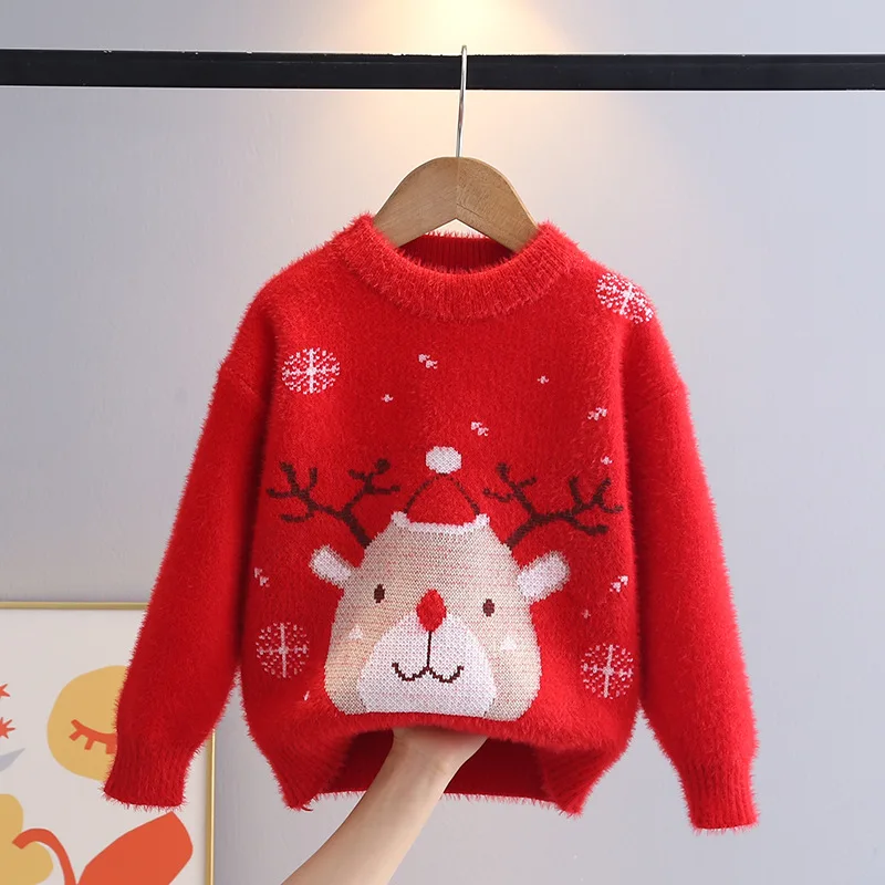 

Christmas Deer Pattern Little Girl Knitted Clothes New Year Evening Party Clothes Long Sleeved Warmer Red Girls Sweaters GY12131