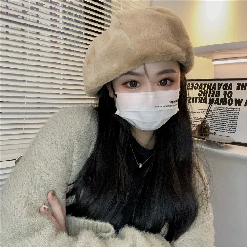 Hot Sale Y2K Rabbit Fur Beret Hat Female Autumn Winter Warm Candy Color All-match Sweet Cute Plush Painter Hats Brim Cap Gorras_autovado.com