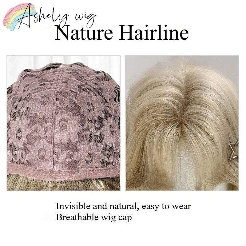 Ashely Blonde Wig 14inch Short Curly Wig with Bangs Cute Nature High Temperature Fibers Synthetic Wigs for Cosplay Daily Peluca