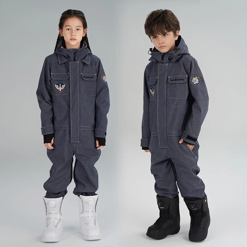 

2023 Winter Children One Piece Girl Ski Suit Sport Windproof Denim Boy Overalls Snowboard Hooded Waterproof Children Jumpsuits