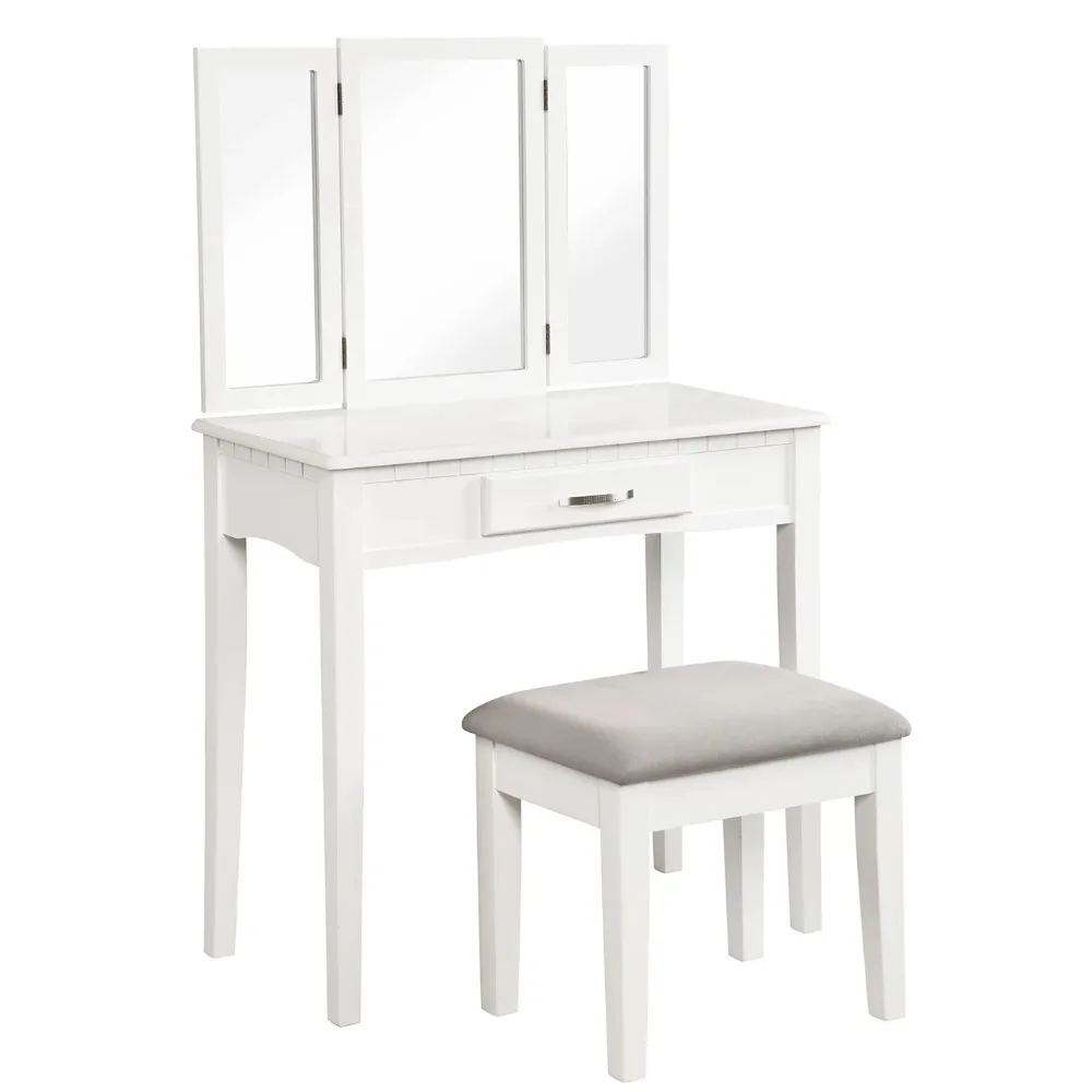 

Ella Vanity Table and Stool Set W/ Tri-Folding Mirror, White W/ Gray Cushion, Makeup Vanity, Mirrors for Bedroom