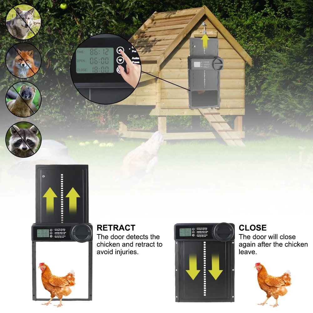Chicken Coop Door, Chicken Coop Door Opener | Safety Gate Retractable Door Small Pet Supplies LCD Display Controlled Open Anti-Pinch Function Automatic Chicken Coop Door