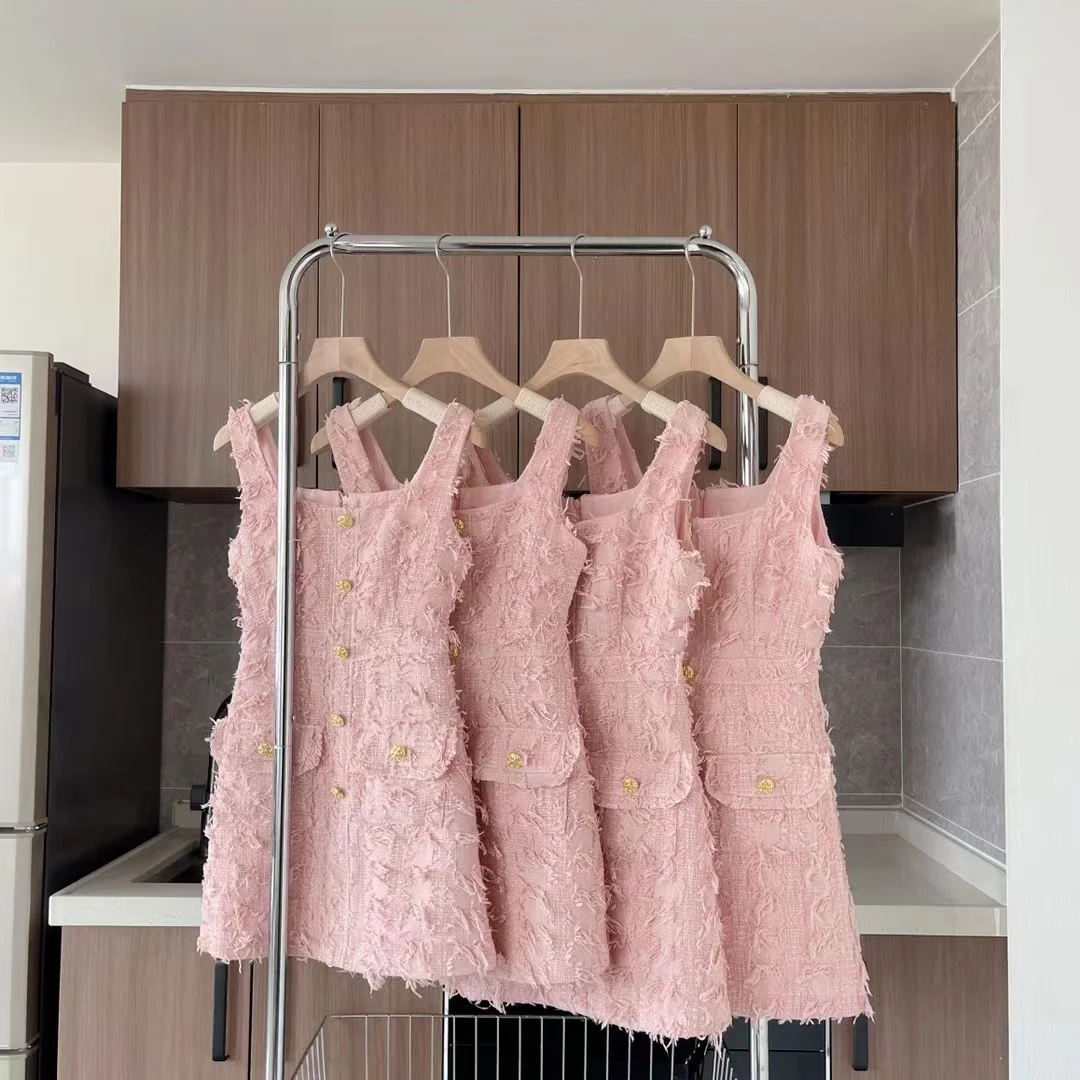 

Women's Elegant Square Neck Sleeveless A Line Dress Lady Summer Chic Pink Single Breasted Short Dress Streetwear Vestido