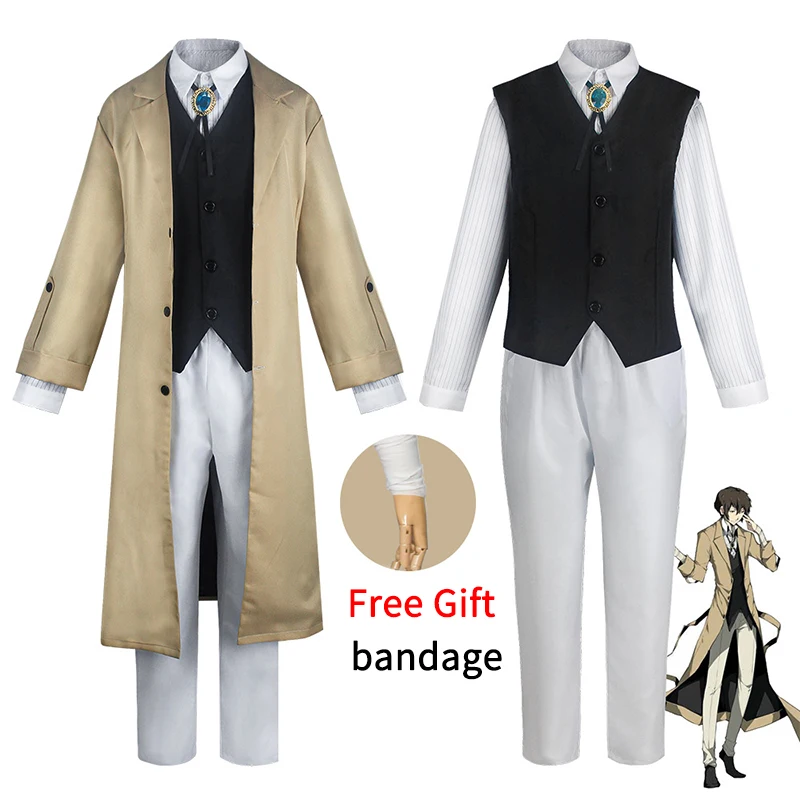 

Anime Bungo Stray Dogs Dazai Osamu Cosplay Clothes Long Jacket Coat Suits Outfit Uniform Halloween Christmas Party Clothes Wig