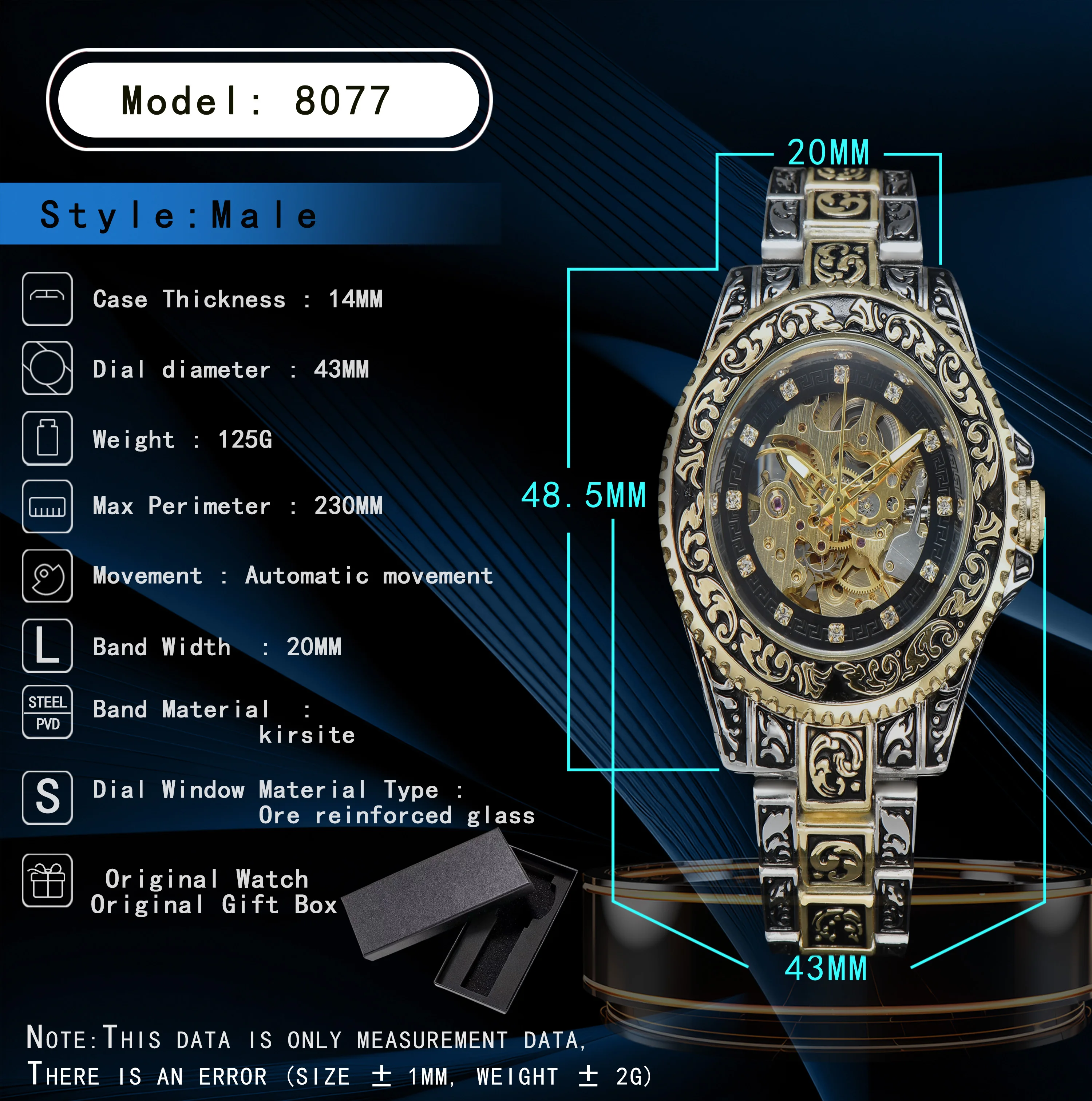 Mechanical watch Automatic Luxury Stainless Steel Carve Waterproof Men