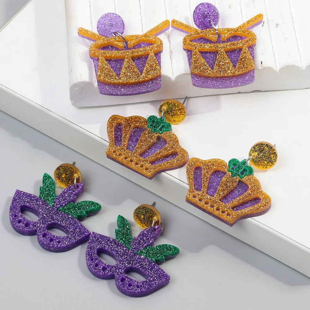 Glitter Acrylic Mask Crown Drop Earring For Women