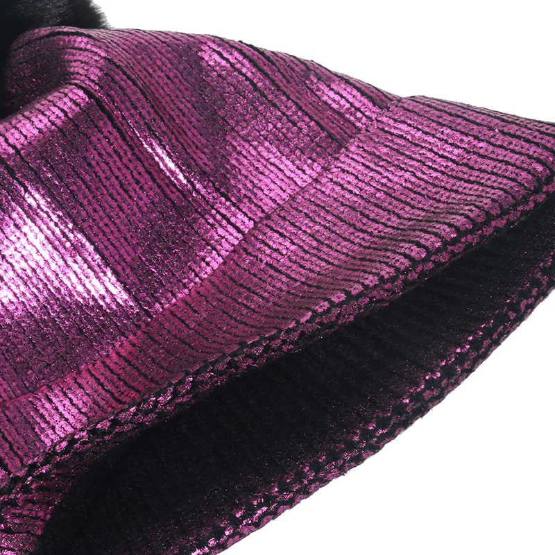Knitted Winter Hats for Women Beanies Knitted Female Beanie Caps Fur Pom Pom Paillette Bling Hat Warmer Bonnet Ladies Casual Cap 6