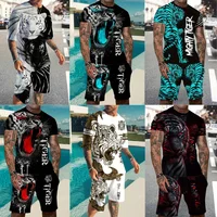 Newest Summer Men's Beach Shorts Set 3D Fierce beast Tiger Print Short Sleeve T-shirts+Shorts 2 Pcs Set Oversized Tracksuit Suit 1