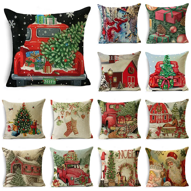 

Santa Cushion Cover Gift Sofa Home Printed Luxury Linen Geometric Art Christmas Tree Snowscape Pillow Cover Decor F222