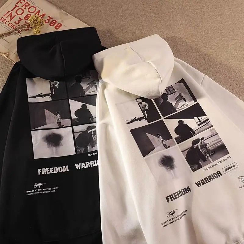 

Trendy street hip-hop retro illustration printed hooded sweater autumn men and women loose fitting couple casual long sleeved