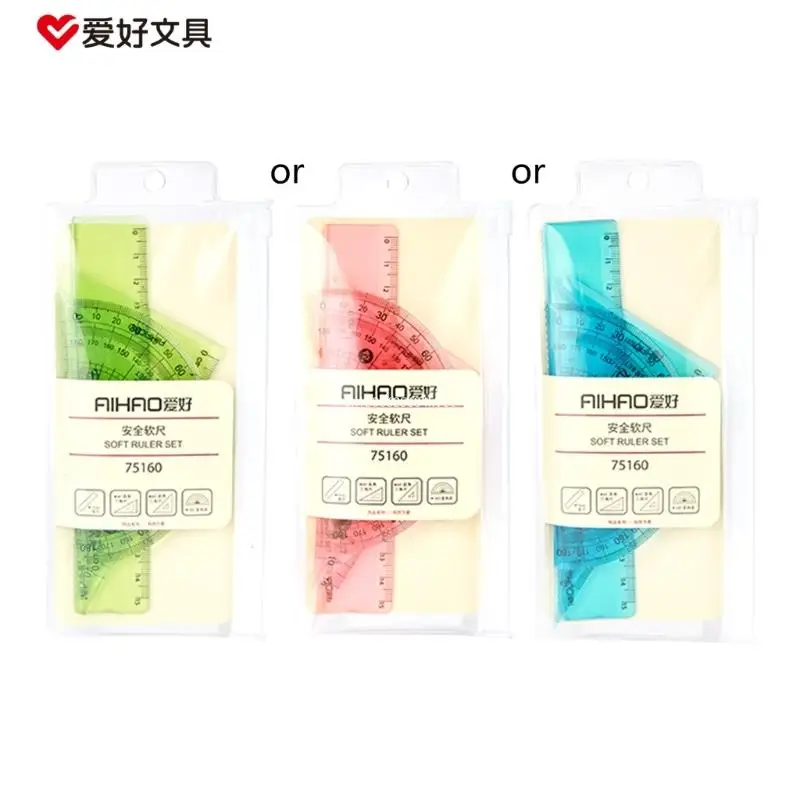 

Набор из 4 инструментов для математической геометрии включает пластиковую прозрачную линейку, транспортир, треугольную линейку,