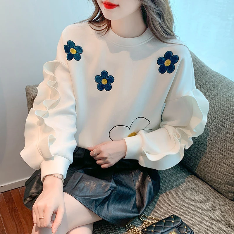 

Autumn Winter Sweet Floral Print Loose Casual T-shirt Top Women O-neck Ruffles All-match Pullover Ladies Fashion Simple Jumpers