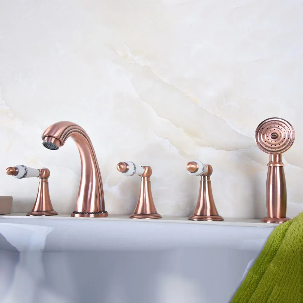 

Antique Red Copper Five Hole Deck Mounted Bathroom Tub Faucet Set with 150CM Handheld Spray Shower Mixer Tap 2tf194