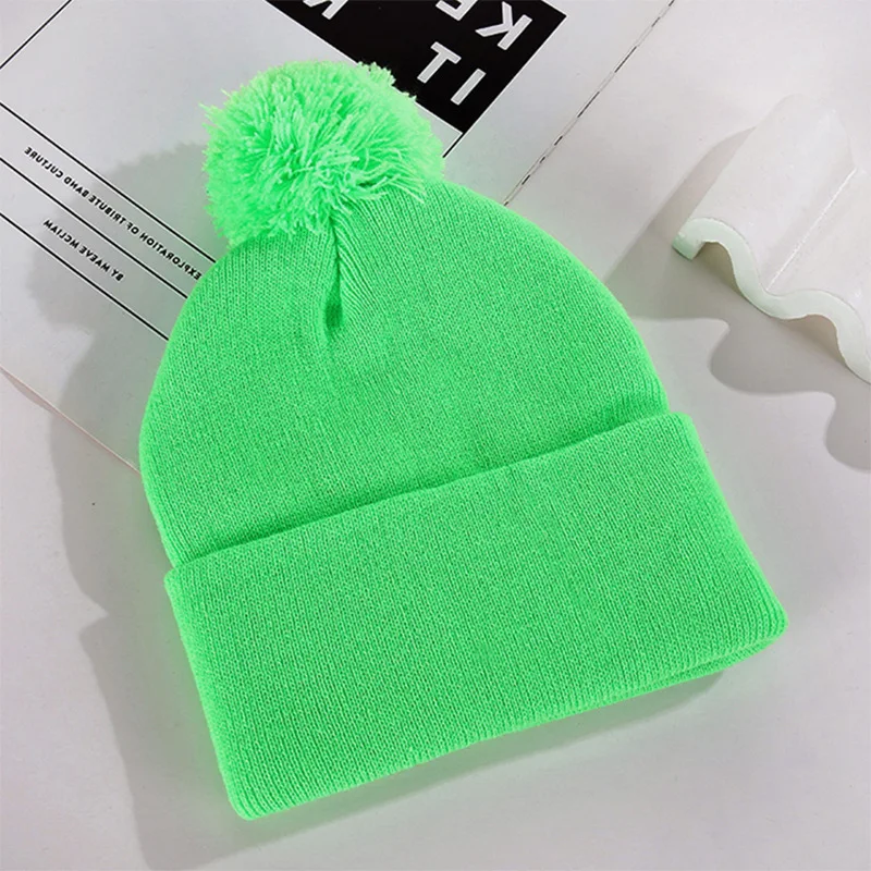 New Custom Logo Solid Color Pompom Knitted Hats Outdoor for Women Warm Beanie Hat Hip Hop Skullies Kniting Cap Winter Ski Caps 2