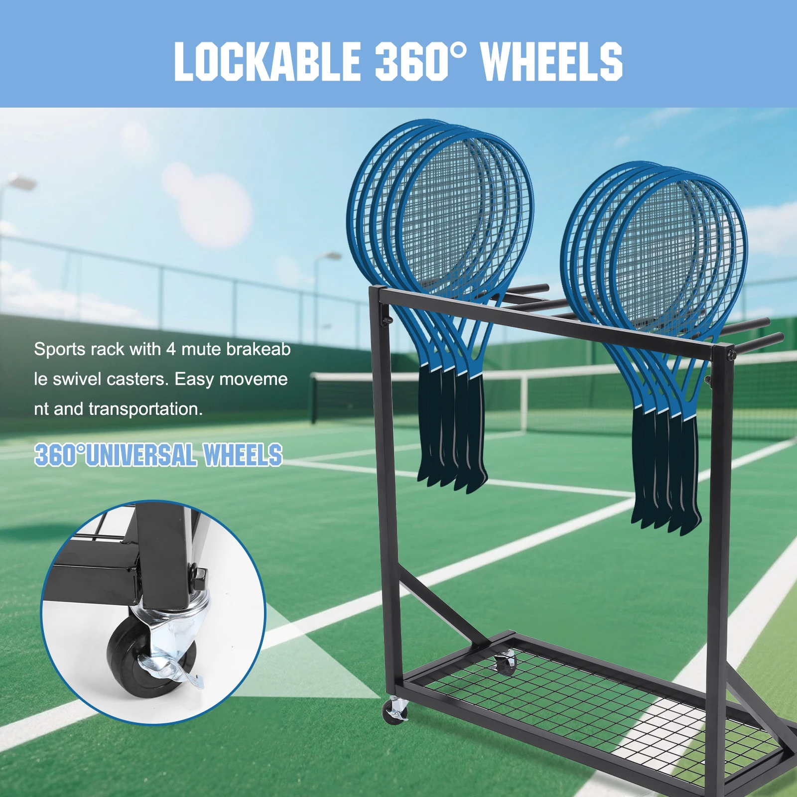 Heavy Duty Badminton Racquet Storage Rack with Wheels Tennis Racket Holder Shelf for Sports Equipment Organization