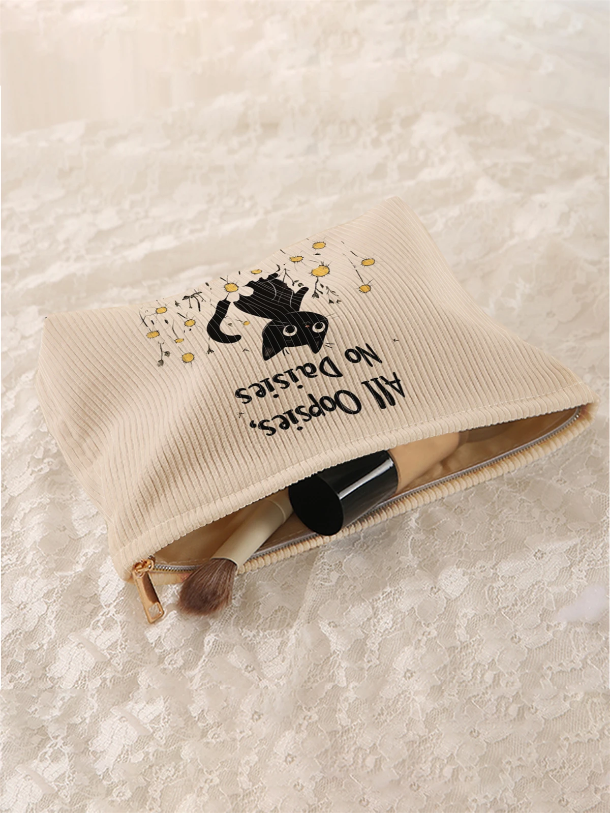 1 cartoon black cat pattern printed corduroy makeup bag, lightweight zipper makeup storage box, multifunctional bag with lining
