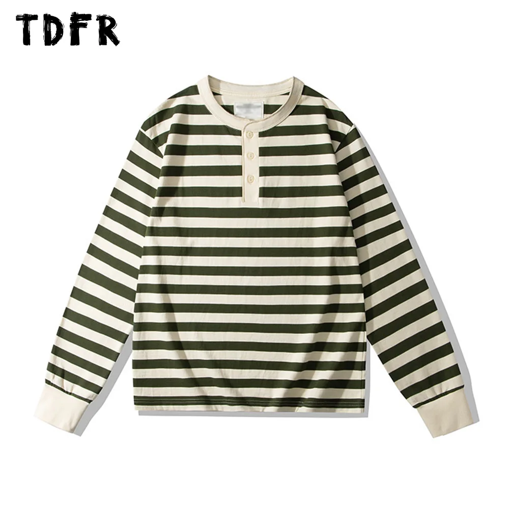 

Horizontal Striped Long Sleeve T-shirt Mens Autumn Henley Collar Casual Loose Cotton Tee Men Top