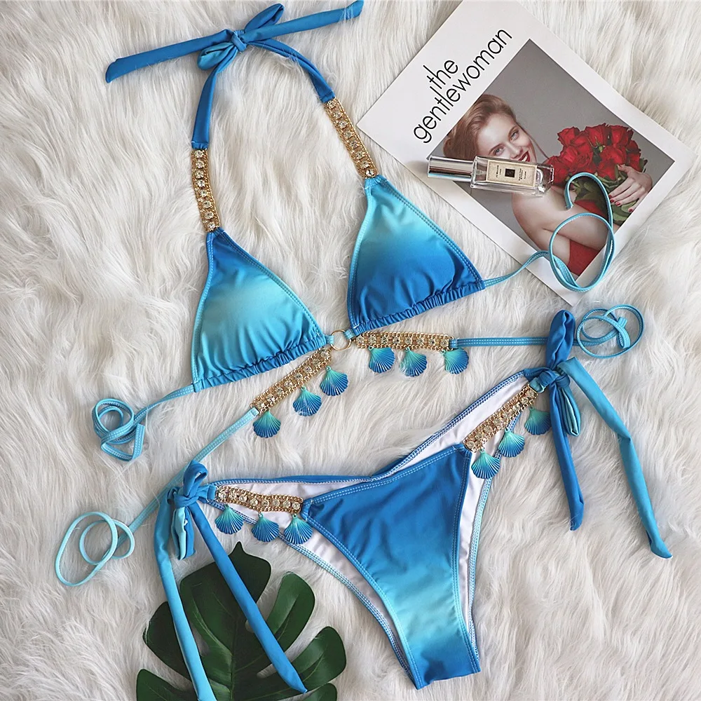 2024Women's Bikini Set Gradient Swimwear Halter Swimsuit Side Bandage Bathing Suit Beachwear Sexy Bikini